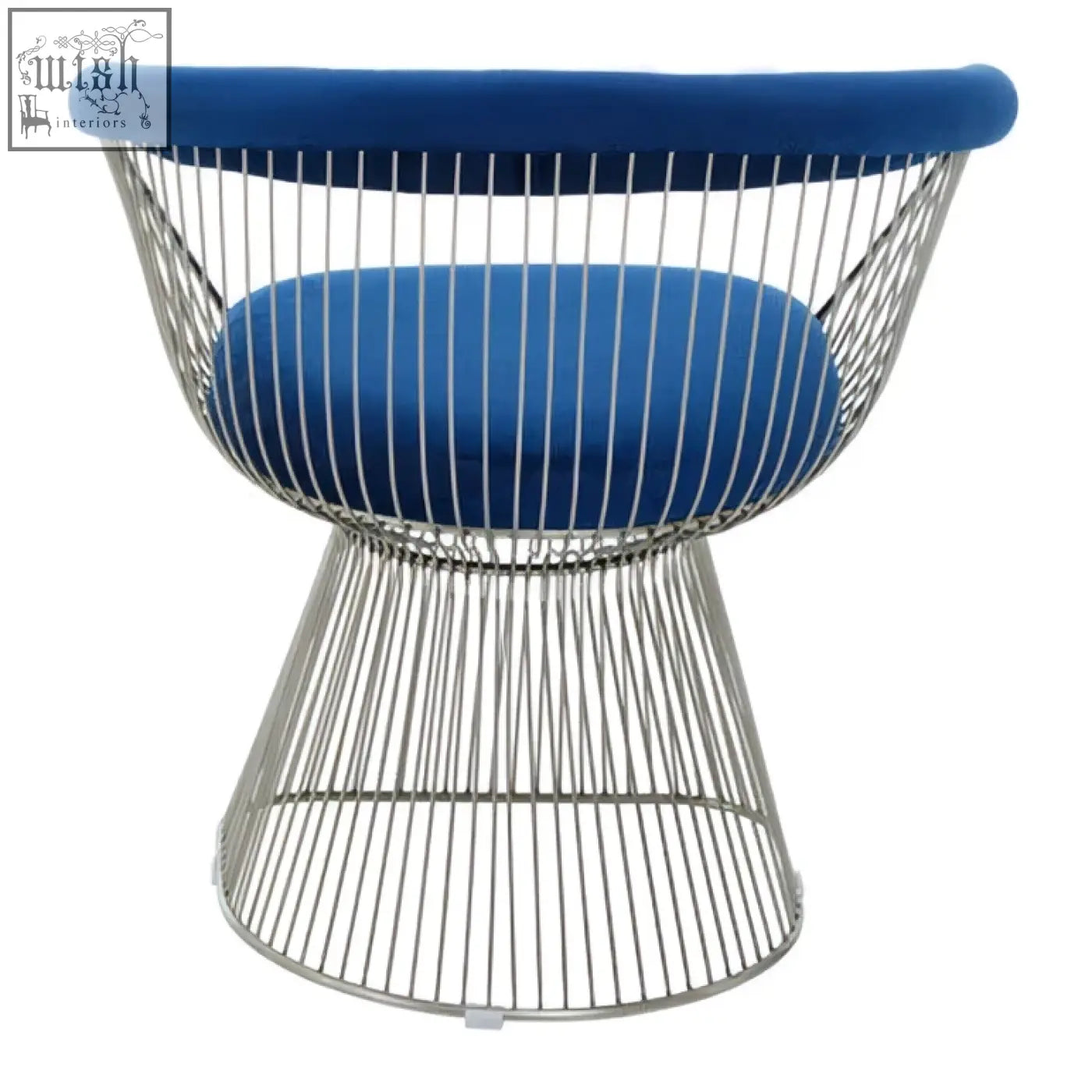Blue upholstered wireframe anzio navy blue velvet chair with brushed silver legs and sleek modern design