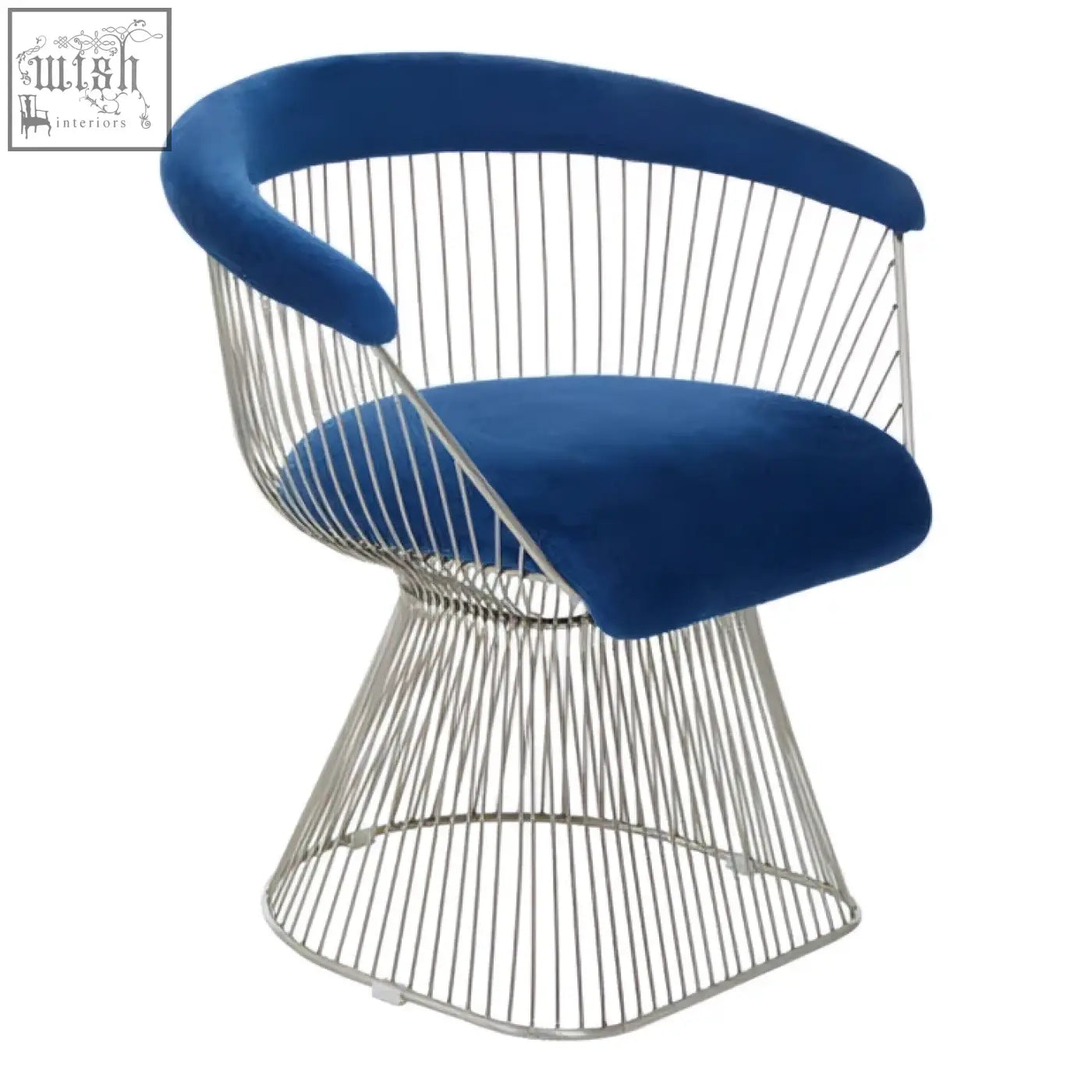Blue velvet cushioned anzio navy blue chair with brushed silver sleek wireframe base and armrests for stylish seating