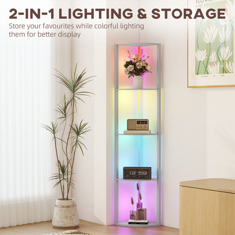 HOMCOM RGB LED Floor Lamp with Shelves, 5-Tier Dimmable Standing Lamp with Adjustable Brightness and Remote Control, Modern Corner Display Shelf Unit for Living Room Bedroom Office, Grey
