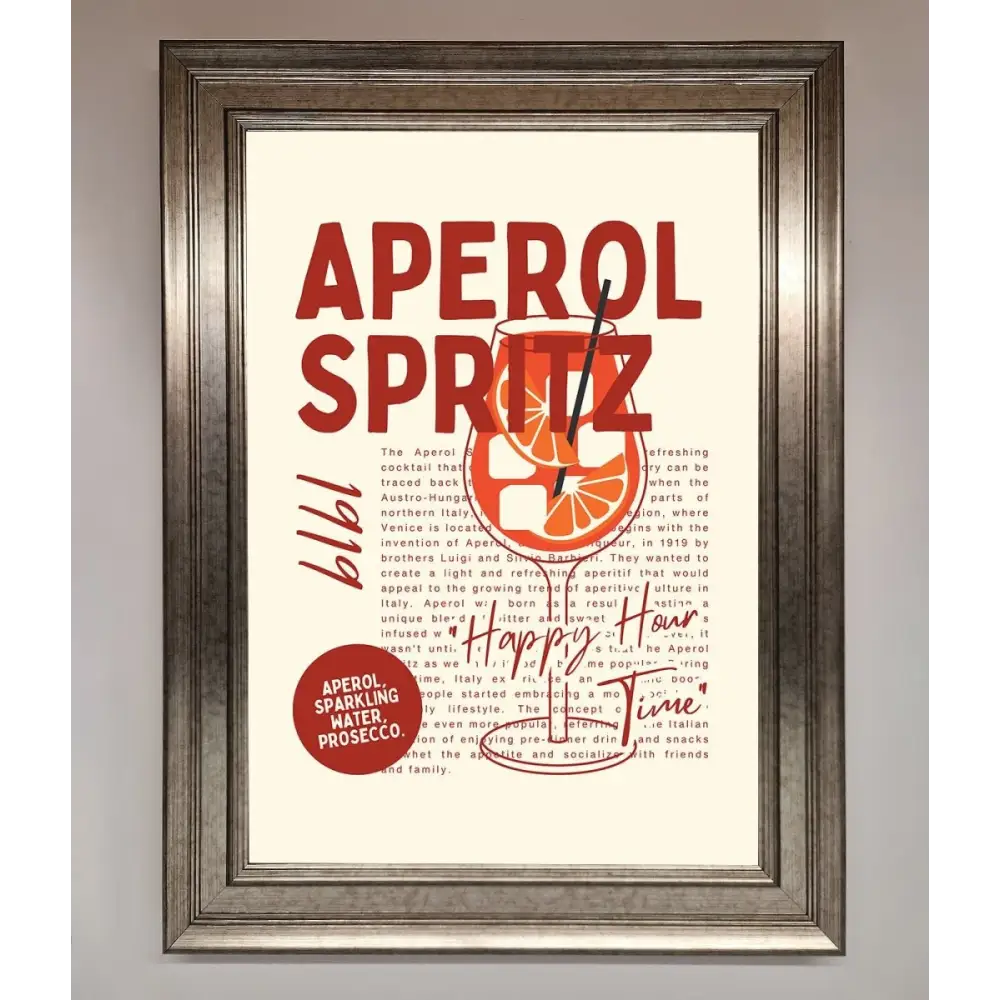 Aperol Spritz Happy Hour Cocktail Framed Wall Art - A3 (29.7 x 42 cm) / Silver - Framed Print