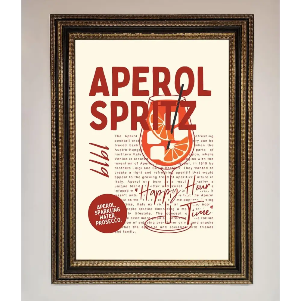 Aperol Spritz Happy Hour Cocktail Framed Wall Art - A3 (29.7 x 42 cm) / Ornate Gold Black - Framed Print