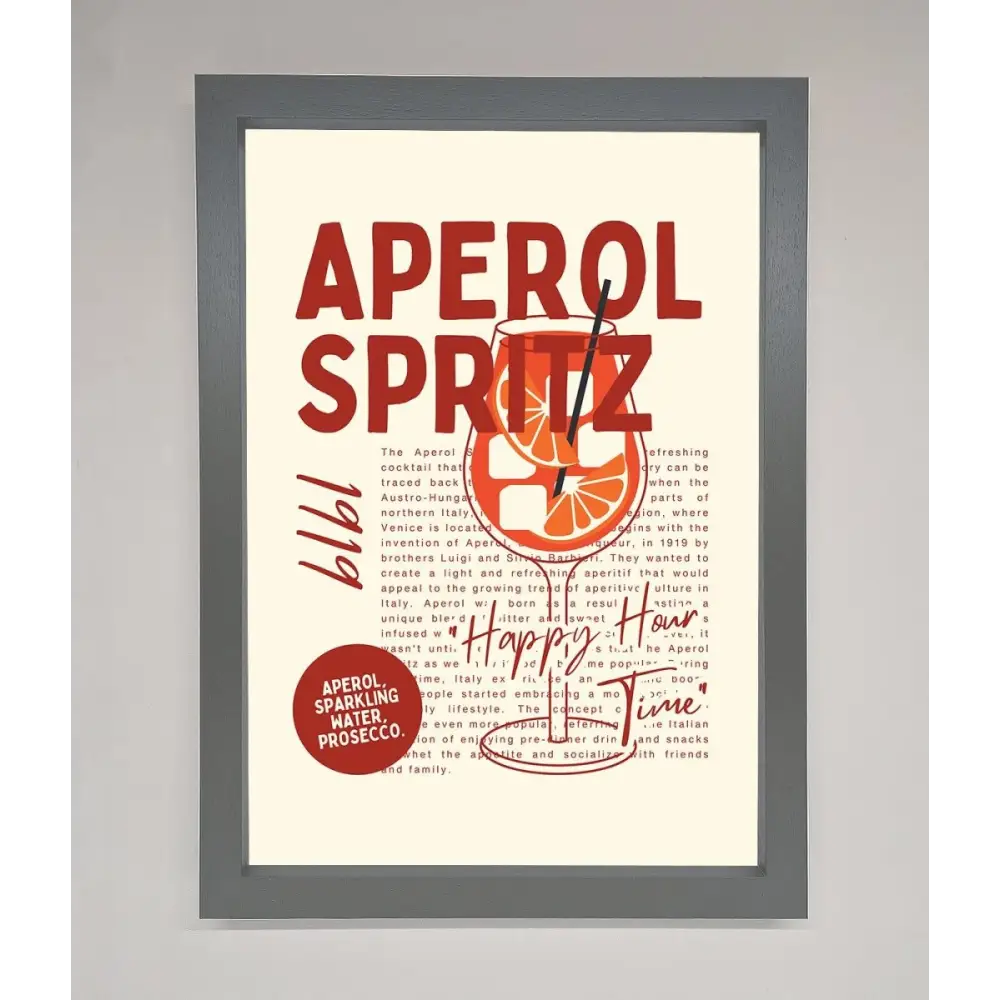 Aperol Spritz Happy Hour Cocktail Framed Wall Art - A3 (29.7 x 42 cm) / Dark Grey - Framed Print