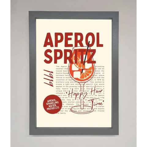 Aperol Spritz Happy Hour Cocktail Framed Wall Art - A3 (29.7 x 42 cm) / Dark Grey - Framed Print