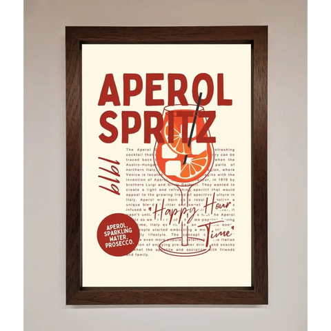 Aperol Spritz Happy Hour Cocktail Framed Wall Art - A3 (29.7 x 42 cm) / Walnut - Framed Print