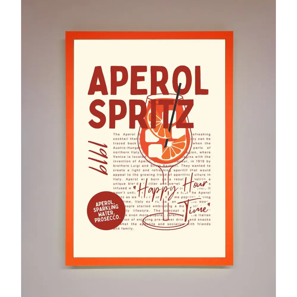 Aperol Spritz Happy Hour Cocktail Framed Wall Art - A3 (29.7 x 42 cm) / Neon Orange - Framed Print