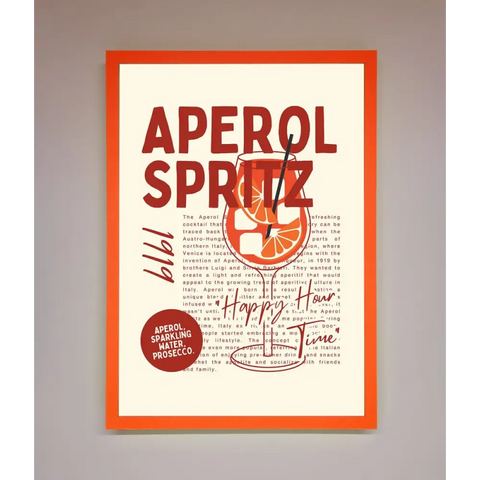Aperol Spritz Happy Hour Cocktail Framed Wall Art - A3 (29.7 x 42 cm) / Neon Orange - Framed Print
