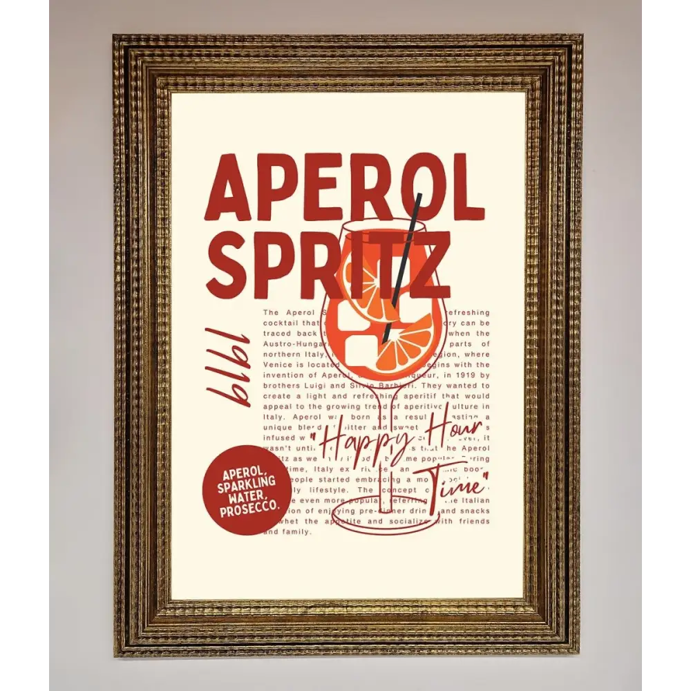 Aperol Spritz Happy Hour Cocktail Framed Wall Art - A3 (29.7 x 42 cm) / Ornate Gold - Framed Print