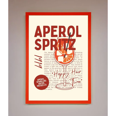 Aperol Spritz Happy Hour Cocktail Framed Wall Art - B0 (100 x 141 cm) / Neon Red - Framed Print