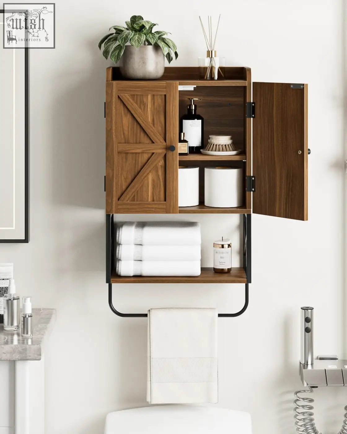 Wooden medicine cupboard with dark brown finish and black metal frame features adjustable shelves and removable towel bar