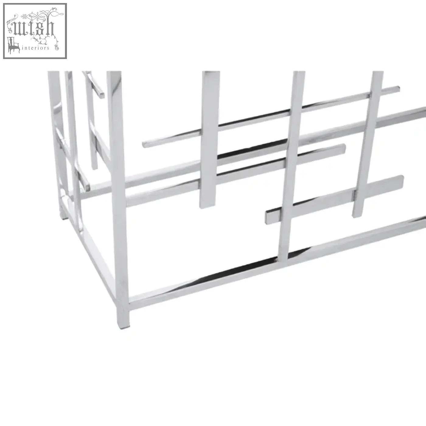 Aprila black marble console table with chrome finished metal frame and geometric grid design perfect for stylish living spaces