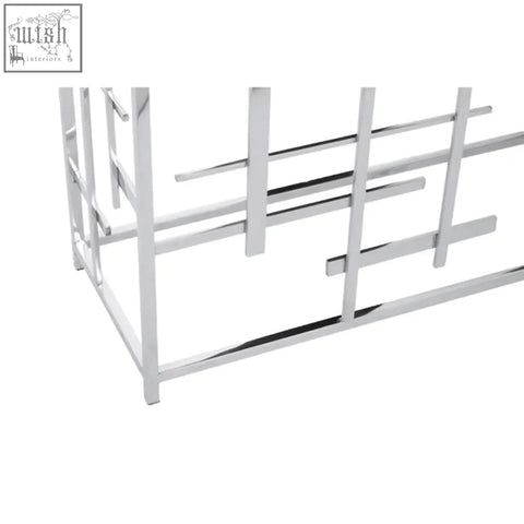 Aprila black marble console table with chrome finished metal frame and geometric grid design perfect for stylish living spaces