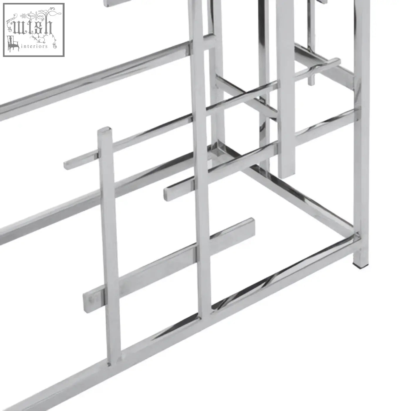 Chrome-finished metal bar rack with modern geometric design for aprilia black marble console table base