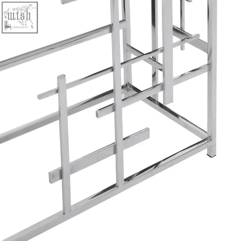 Chrome-finished metal bar rack with modern geometric design for aprilia black marble console table base