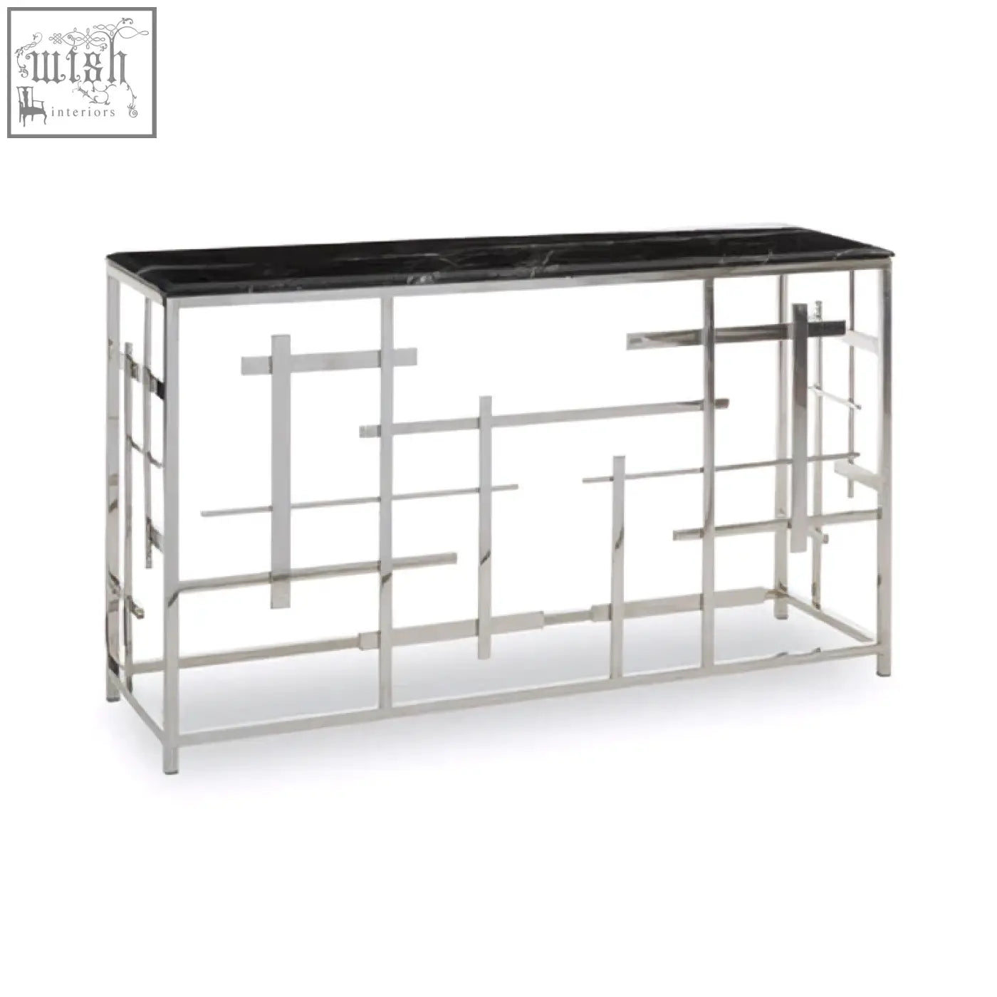 Aprilia black marble console table with a sleek black marble top and geometric chrome metal frame
