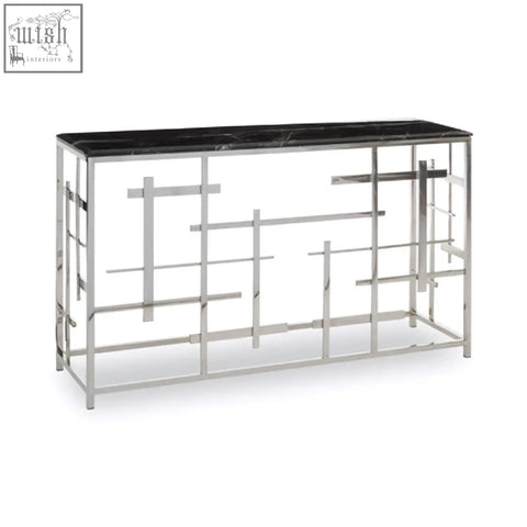 Aprilia black marble console table with a sleek black marble top and geometric chrome metal frame