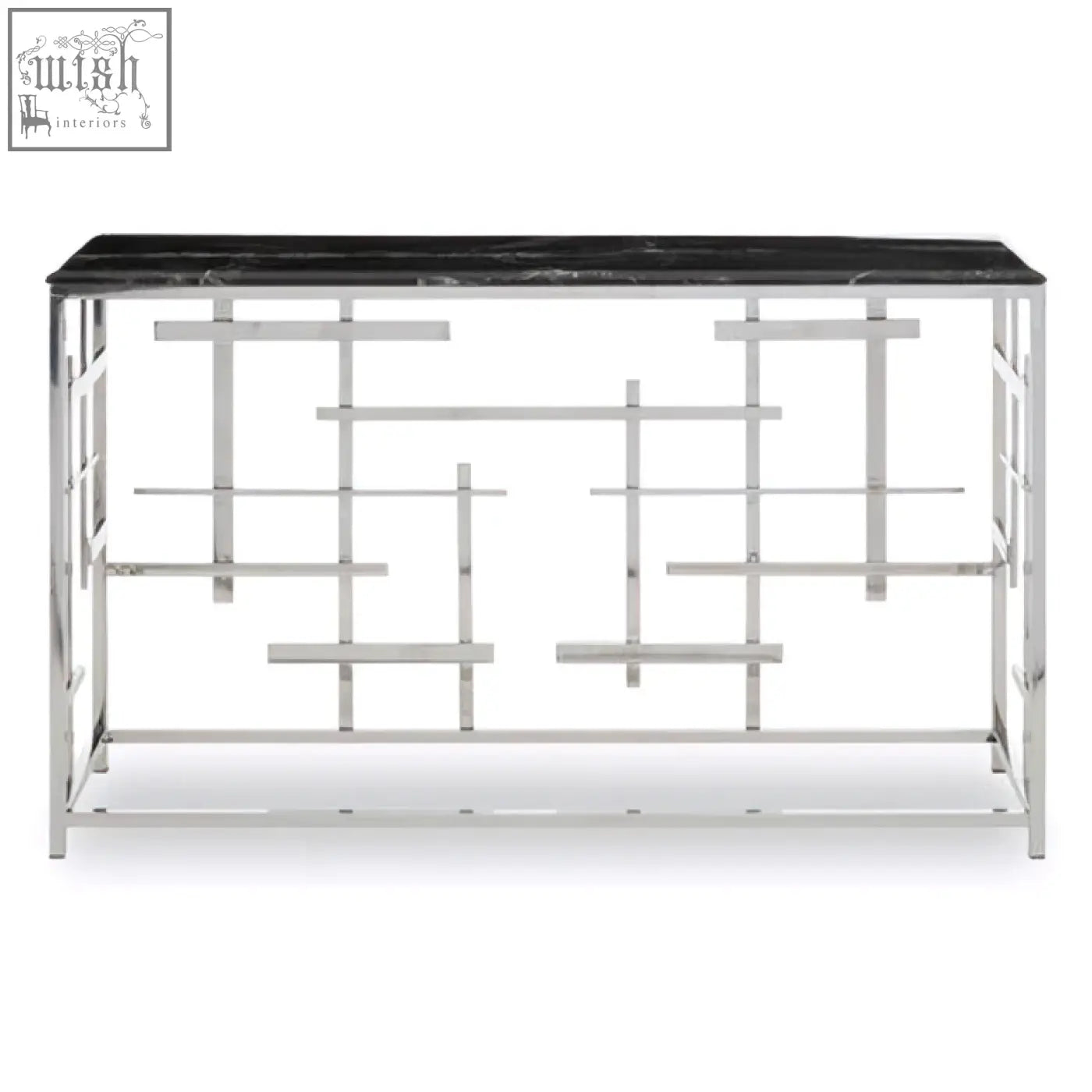 Aprilia black marble console table with sleek black marble top and intricate polished chrome geometric metal base