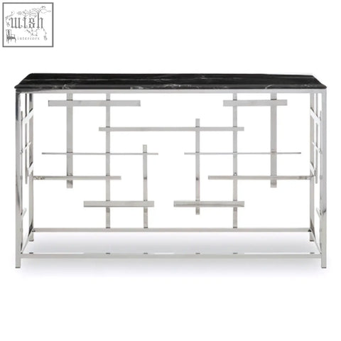 Aprilia black marble console table with sleek black marble top and intricate polished chrome geometric metal base