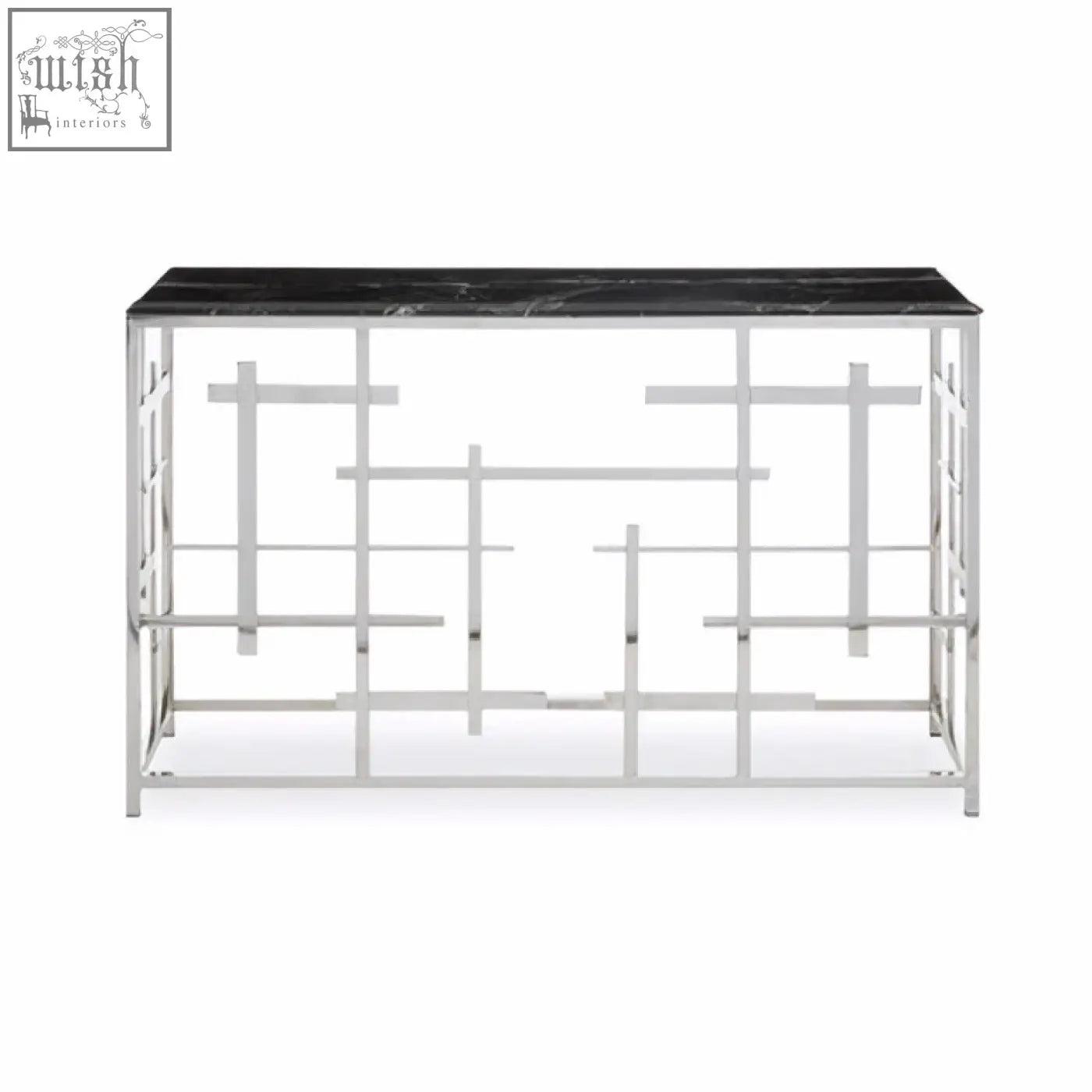 Silver metal aprilia black marble console table with geometric lattice base and black marble console top
