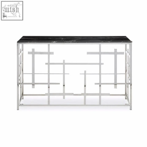 Silver metal aprilia black marble console table with geometric lattice base and black marble console top