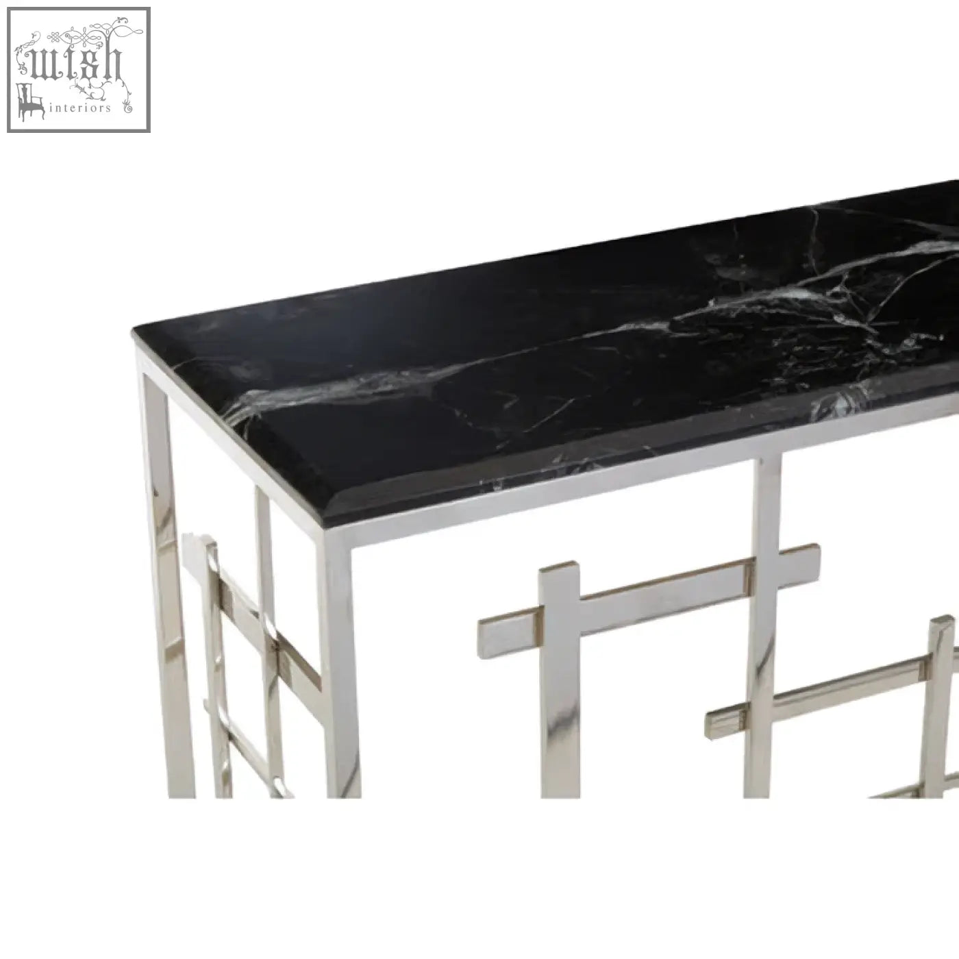 Aprilia black marble console table with a black marble top and silver metal frame featuring a crossbar design