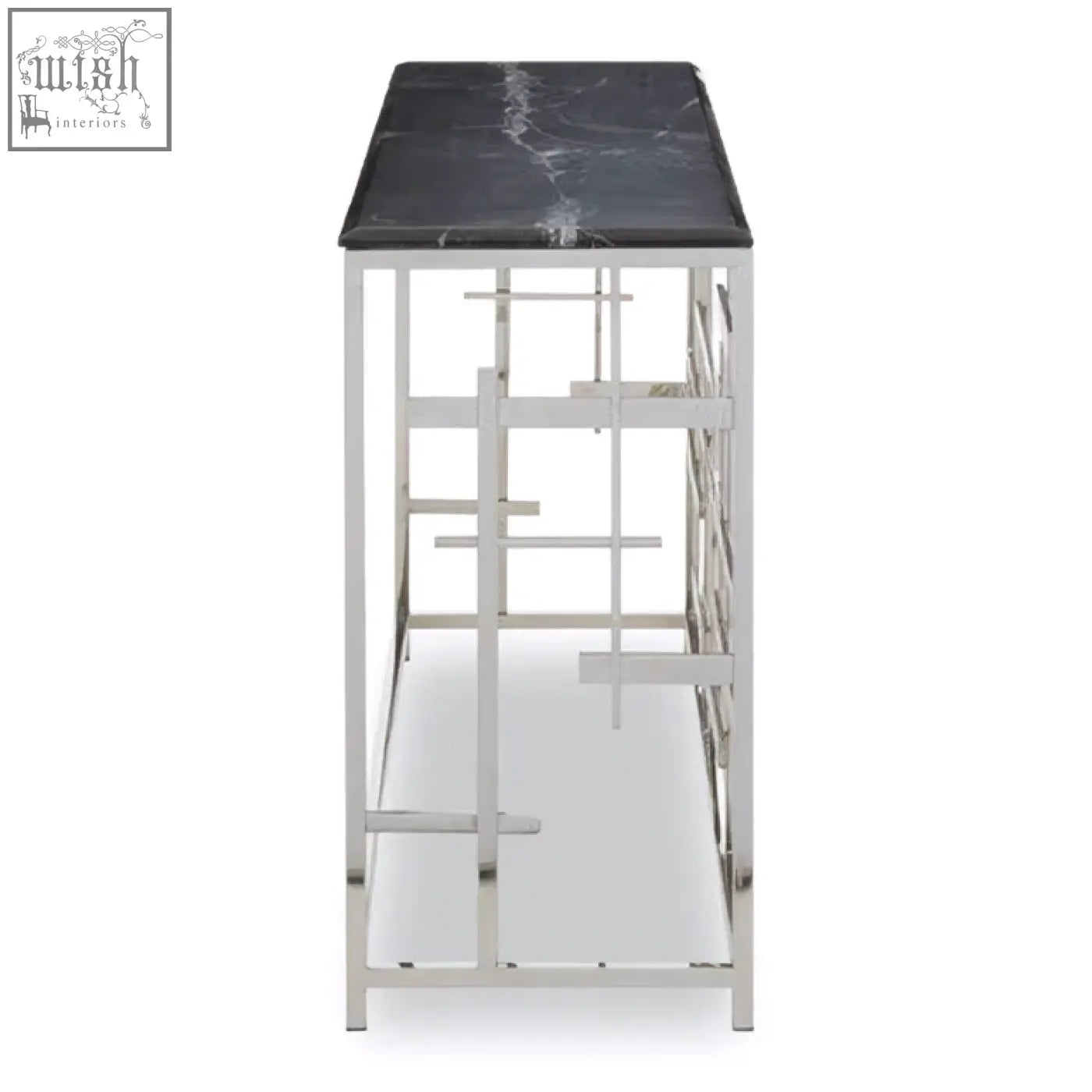 Aprilia black marble console table with sleek chrome metal frame and open geometric shelving black marble console