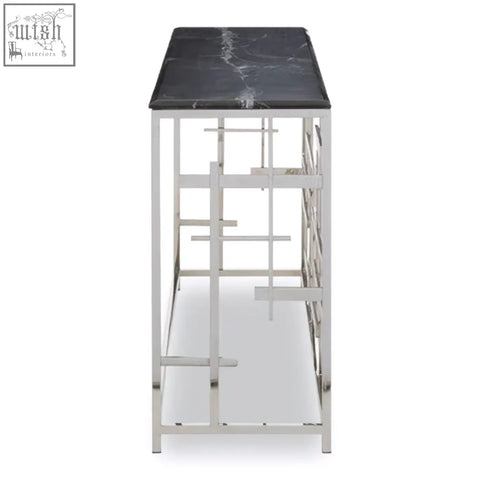 Aprilia black marble console table with sleek chrome metal frame and open geometric shelving black marble console