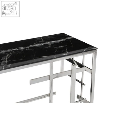 Aprilia black marble console table with sleek modern metal frame and stunning black marble top