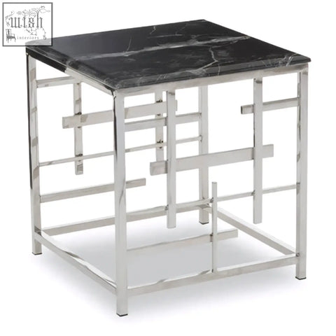Aprilia black marble side table with polished square black marble top and geometric chrome metal frame