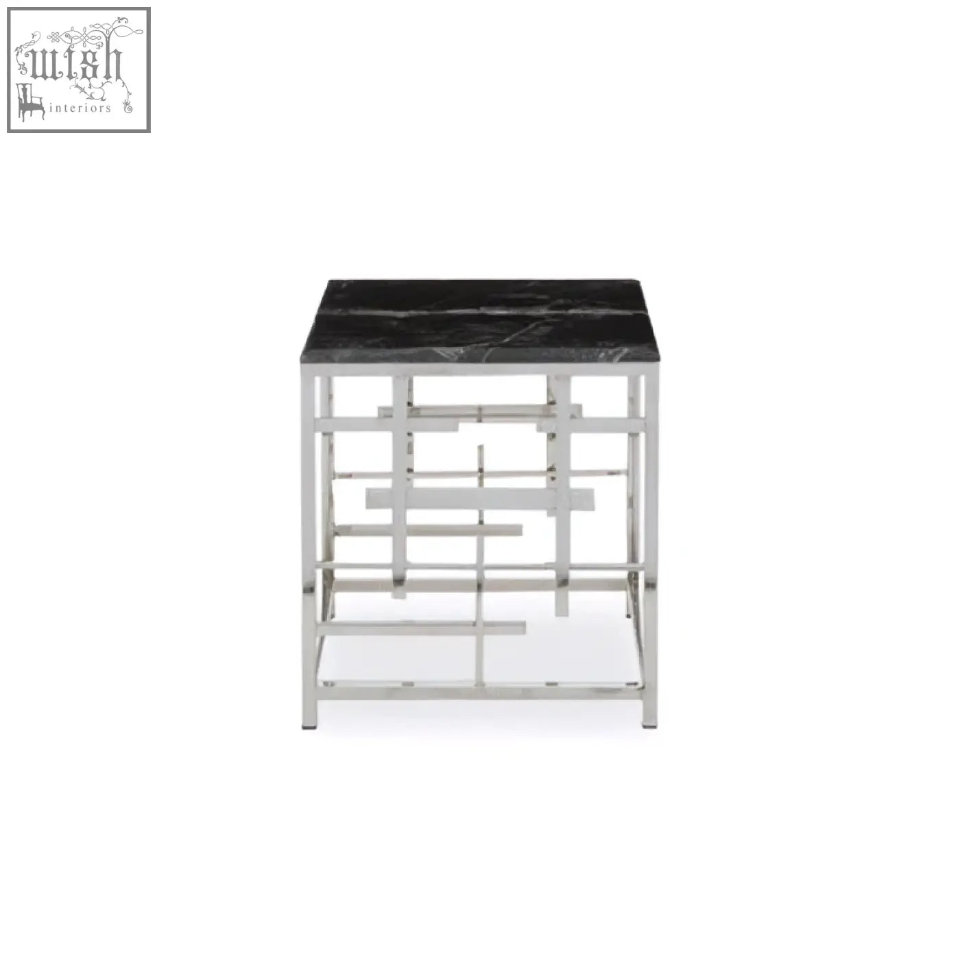 Modern aprilia black marble side table with sleek black marble top and polished square chrome metal frame