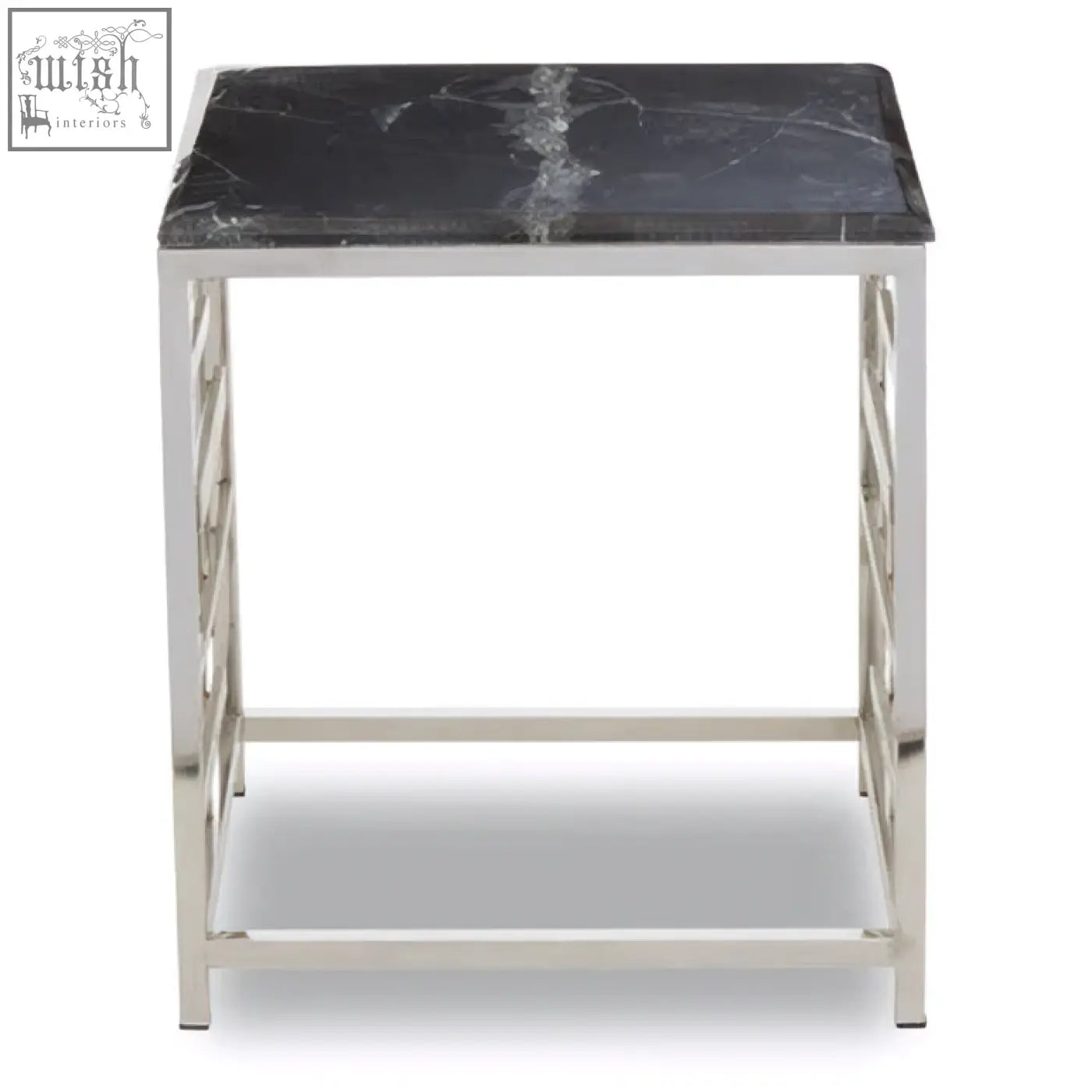 Aprilia black marble side table with black marble top and silver metal frame for stylish living spaces