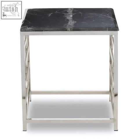 Aprilia black marble side table with black marble top and silver metal frame for stylish living spaces