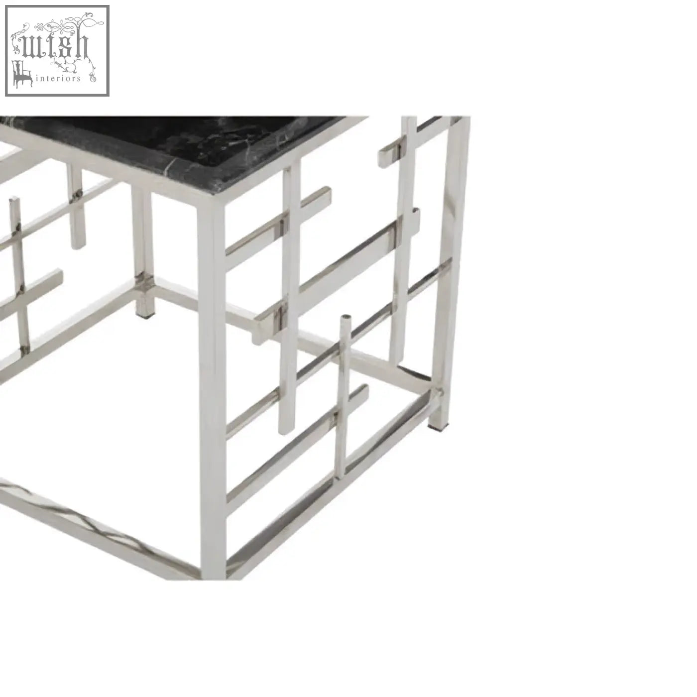 Aprilia black marble side table with polished square black marble top and geometric brushed stainless steel frame