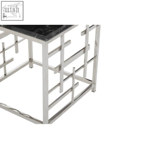 Aprilia black marble side table with polished square black marble top and geometric brushed stainless steel frame