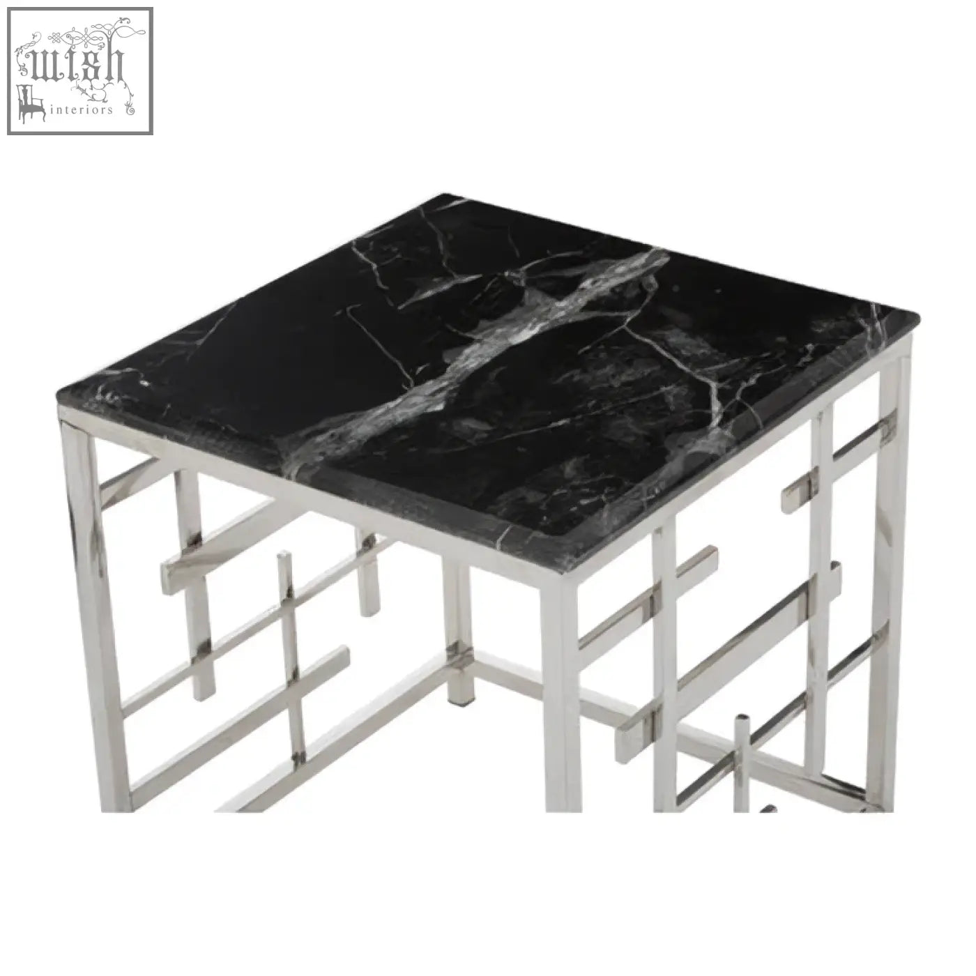 Aprilia black marble side table with sleek geometric chrome frame and black marble top for stylish living spaces
