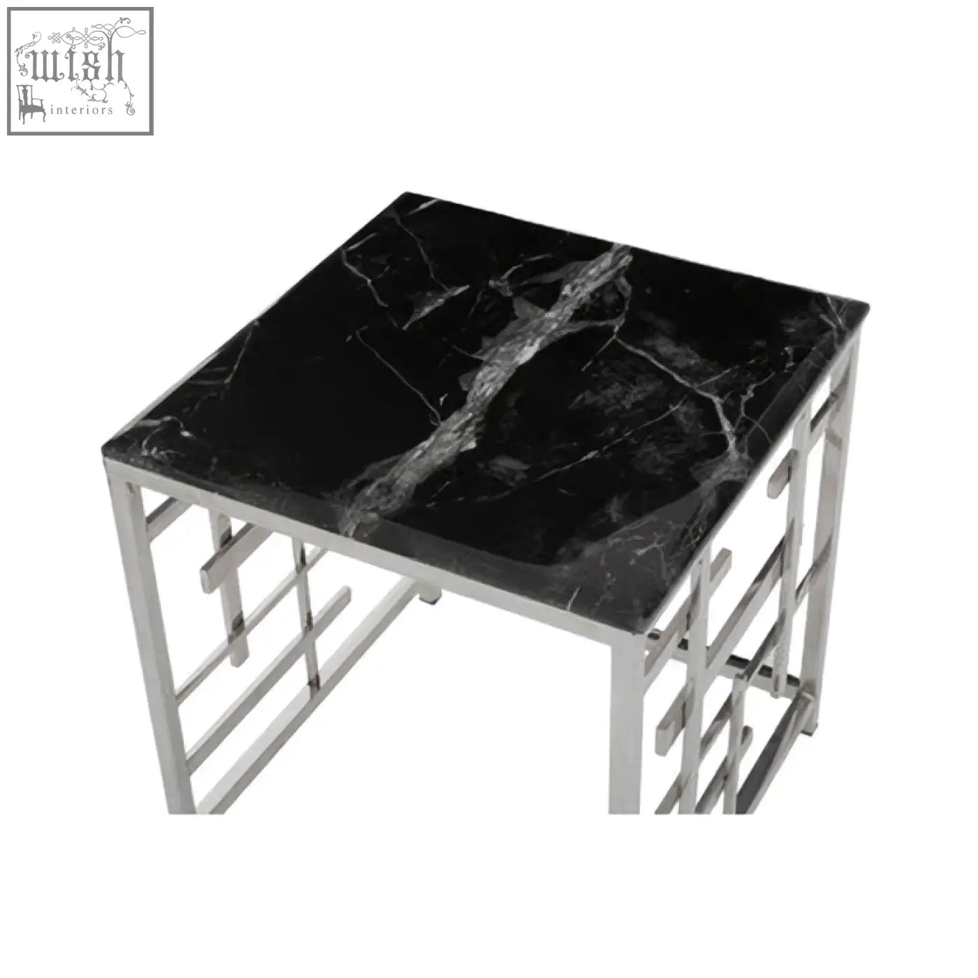 Aprilia black marble side table with polished square black marble top and sleek geometric metal frame design
