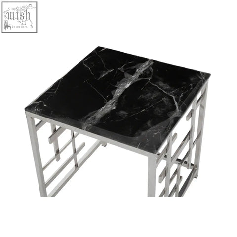 Aprilia black marble side table with polished square black marble top and sleek geometric metal frame design