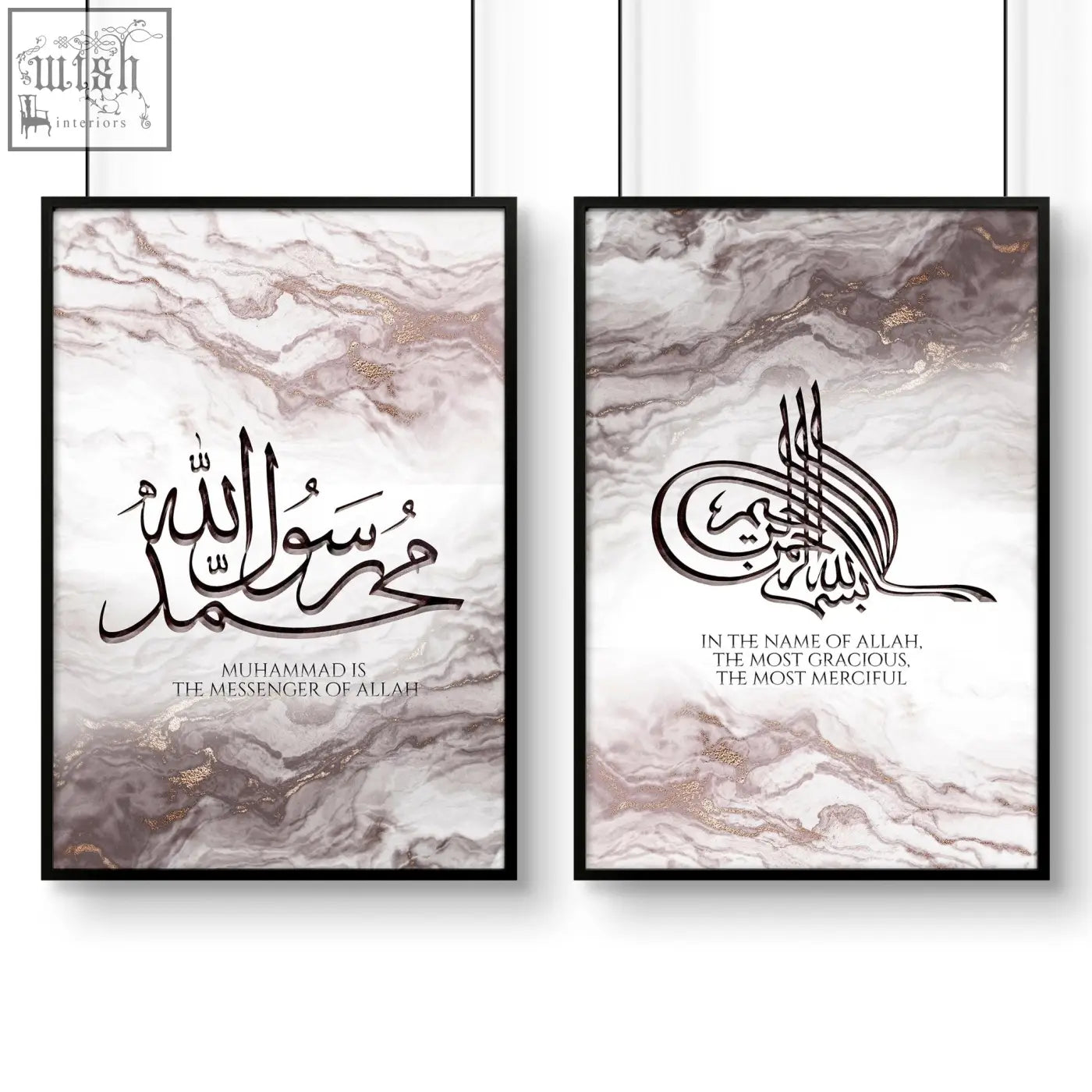 Two framed arabic calligraphy wall art prints with black borders on white and rose gold marble background for bedroom decor