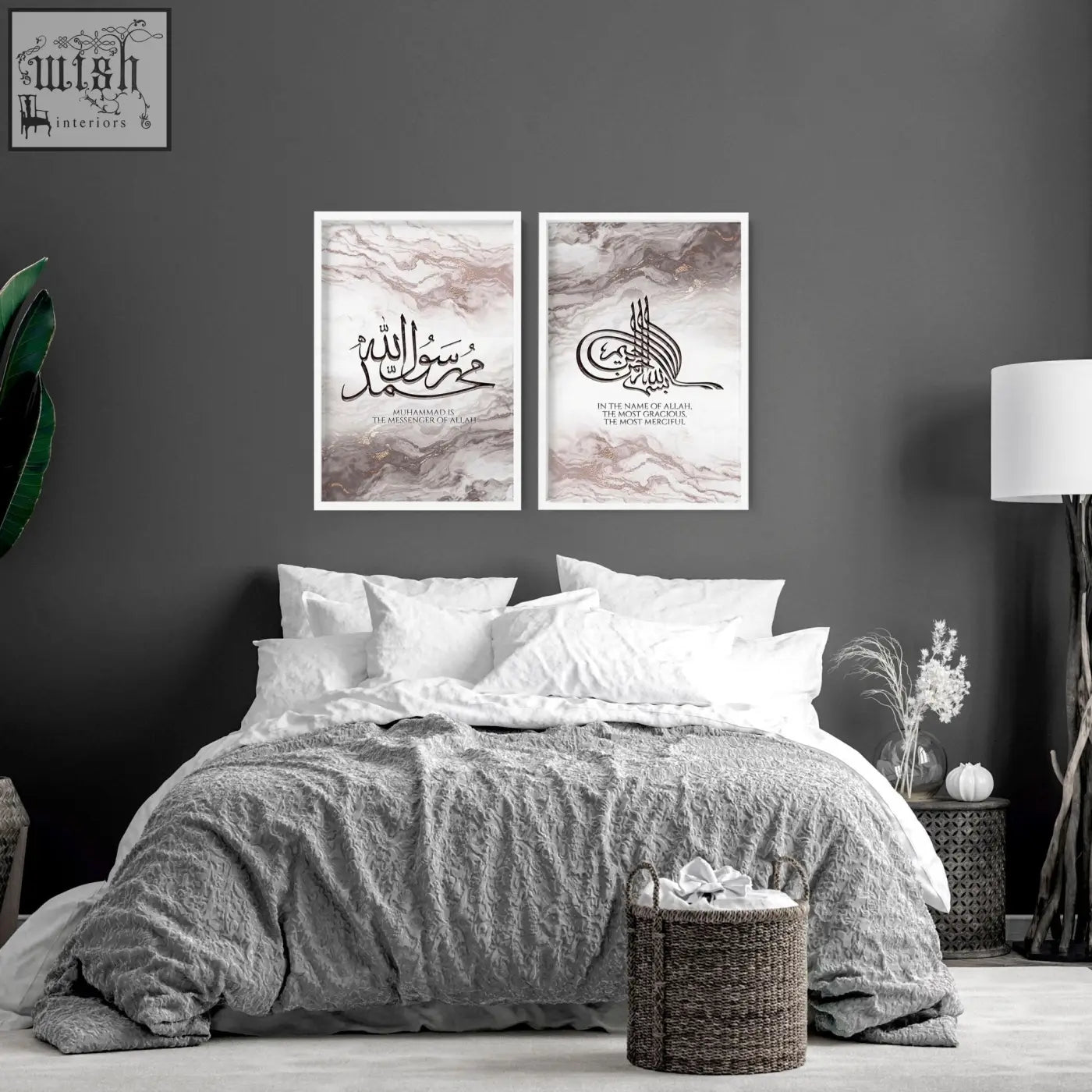 Woven brown basket with handles beside arabic calligraphy wall art prints set for bedroom decor