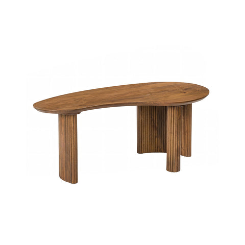 A medium-brown wooden aragon curved coffee table with a sleek curved top and fluted column legs