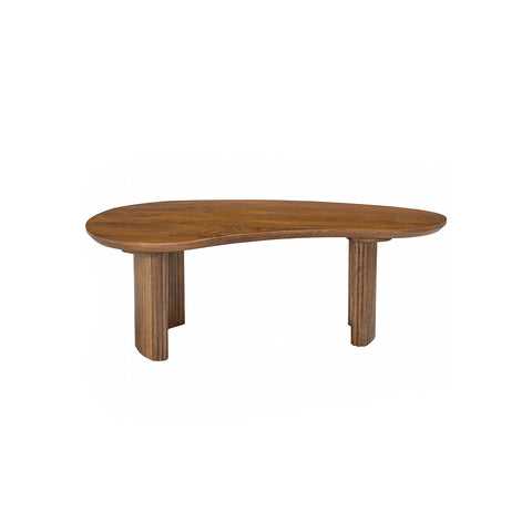 A sleek medium brown wooden aragon curved coffee table with a curved top and fluted legs