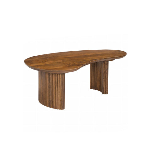 Aragon curved wood coffee table with a sleek oval top and fluted vertical legs in rich brown finish