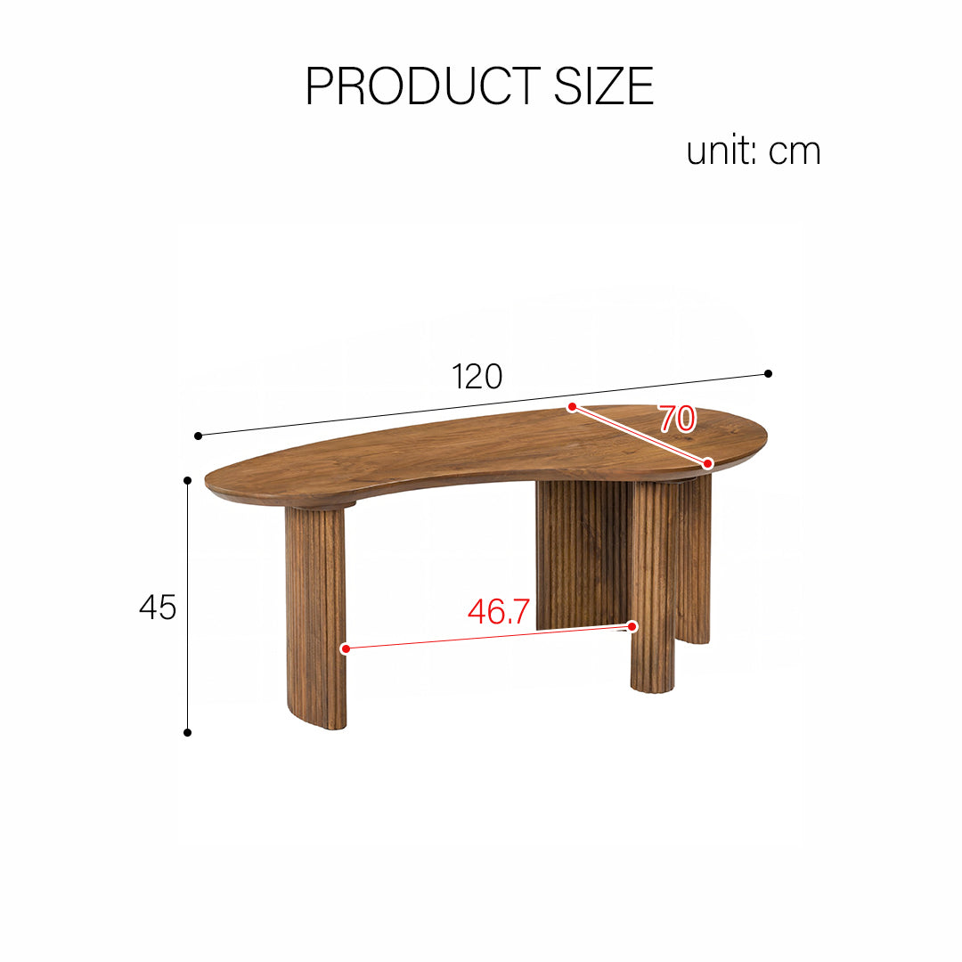 Aragon curved coffee table with a sleek oval wooden top and warm brown fluted vertical legs
