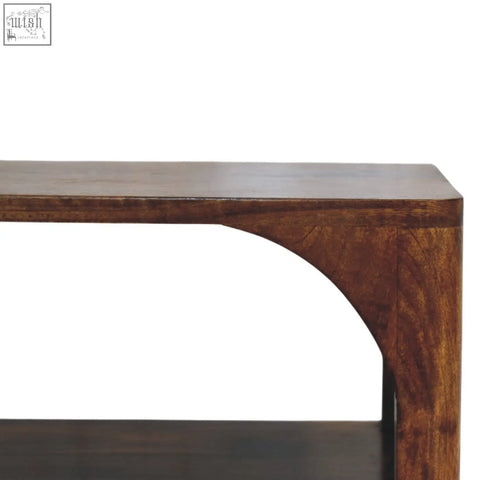 Dark brown wooden arc bedside table with curved leg design perfect for stylish bedroom storage and decor