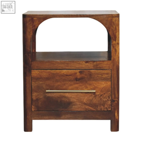 Dark brown wooden arc bedside table with single drawer and arched open shelf featuring brass handle