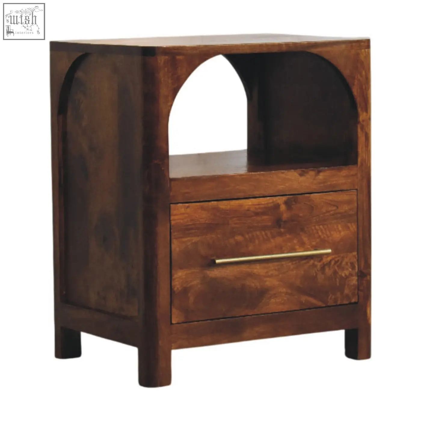 Dark brown wooden arc bedside table with a single drawer and arched open shelf featuring a brass handle