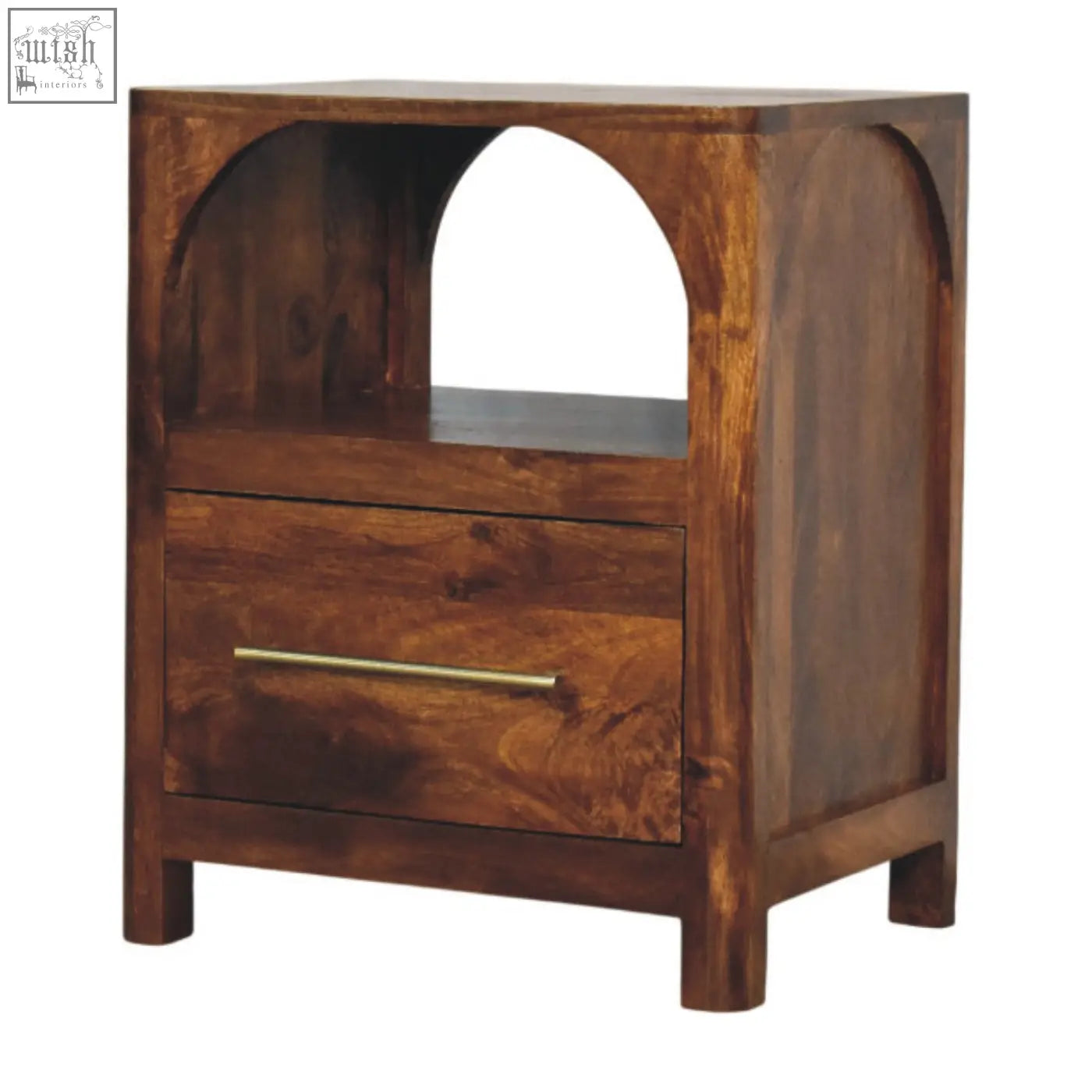 Dark brown wooden arc bedside table with single drawer, arched open shelf, and sleek brass handle