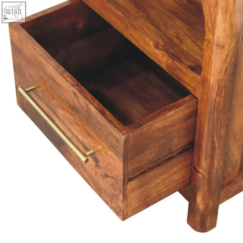 Arc bedside table rich brown wooden nightstand with brass handle and visible wood grain