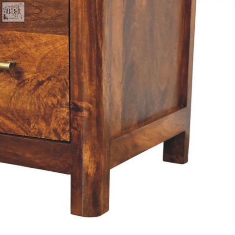 Rich dark brown wooden arc bedside table with visible grain pattern and brass drawer handle for bedroom use