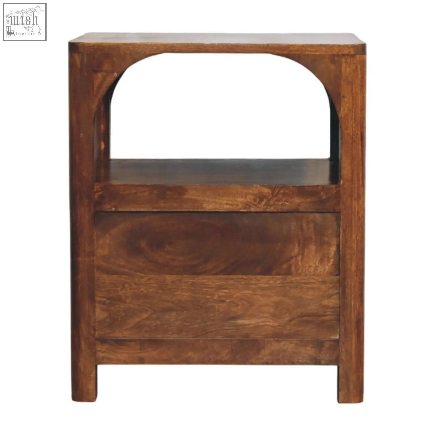 Rustic wooden arc bedside table with warm brown finish, arched top opening, and single drawer below