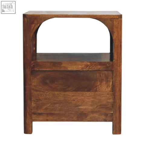 Rustic wooden arc bedside table with warm brown finish, arched top opening, and single drawer below